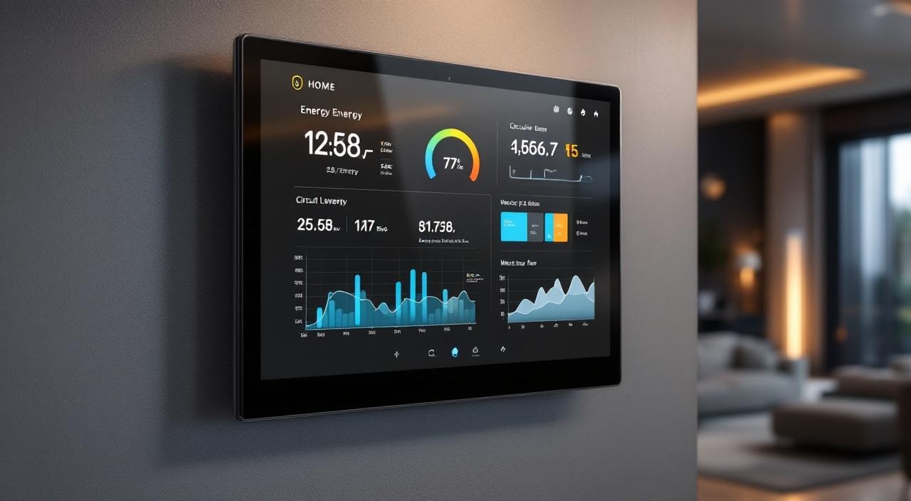 Painel de gestão de consumo de energia de um edifício mostrando a redução do gasto após a automação predial