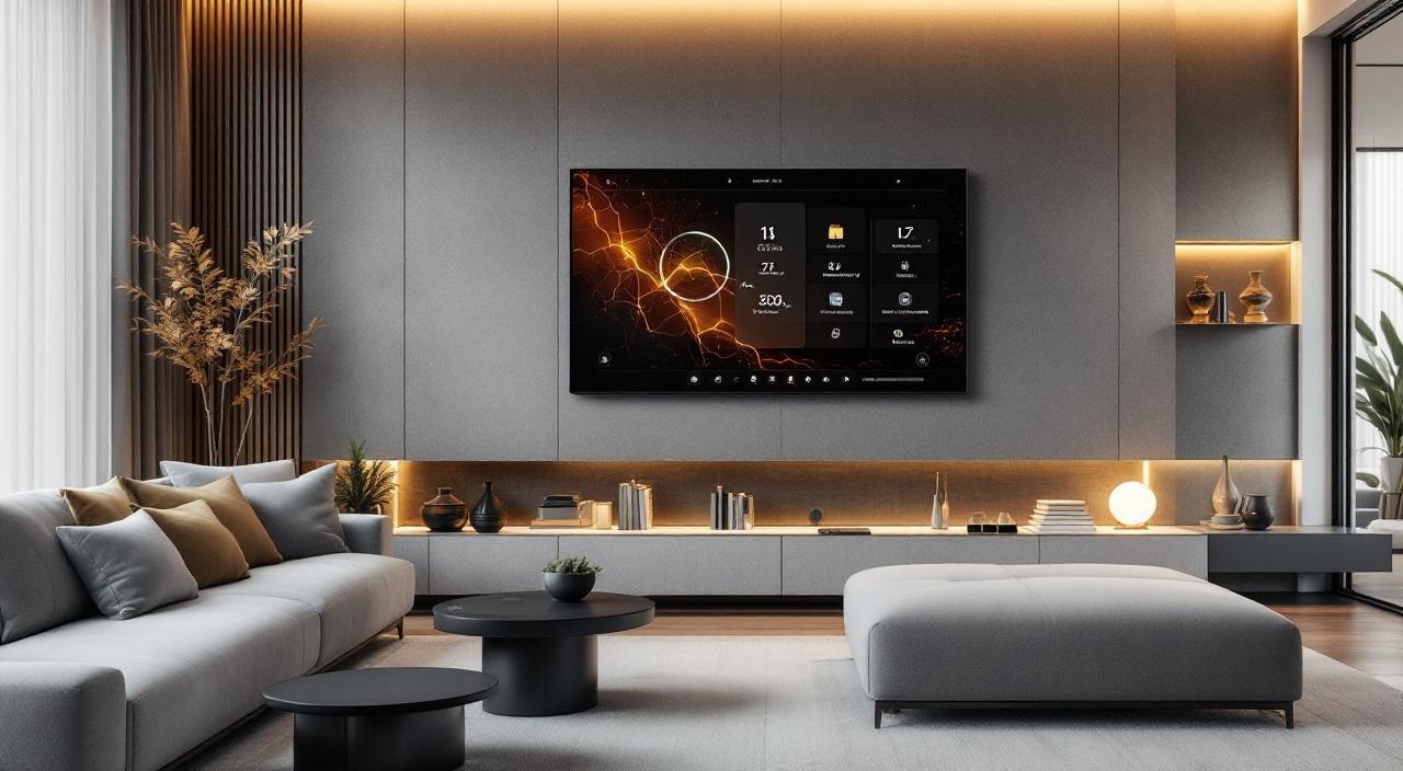 Sala de estar com iluminação cênica e persianas integradas à automação residencial