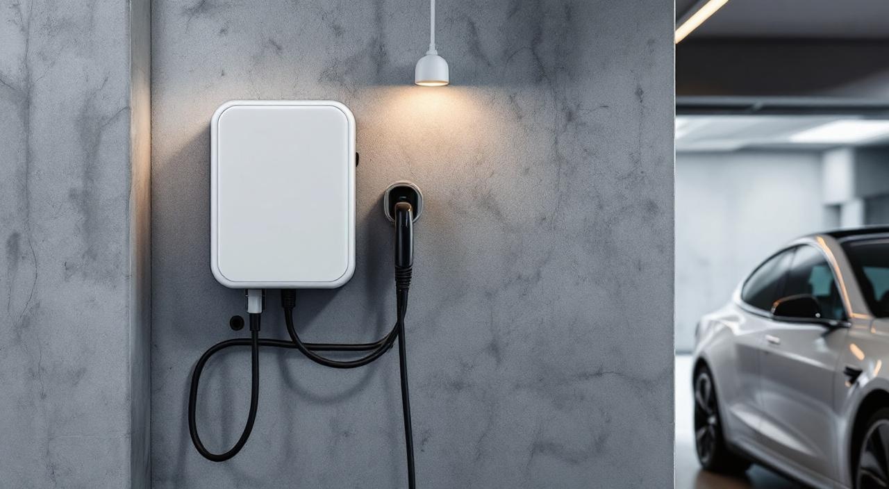 Carregador veicular elétrico wallbox instalado em garagem de condomínio de alto padrão