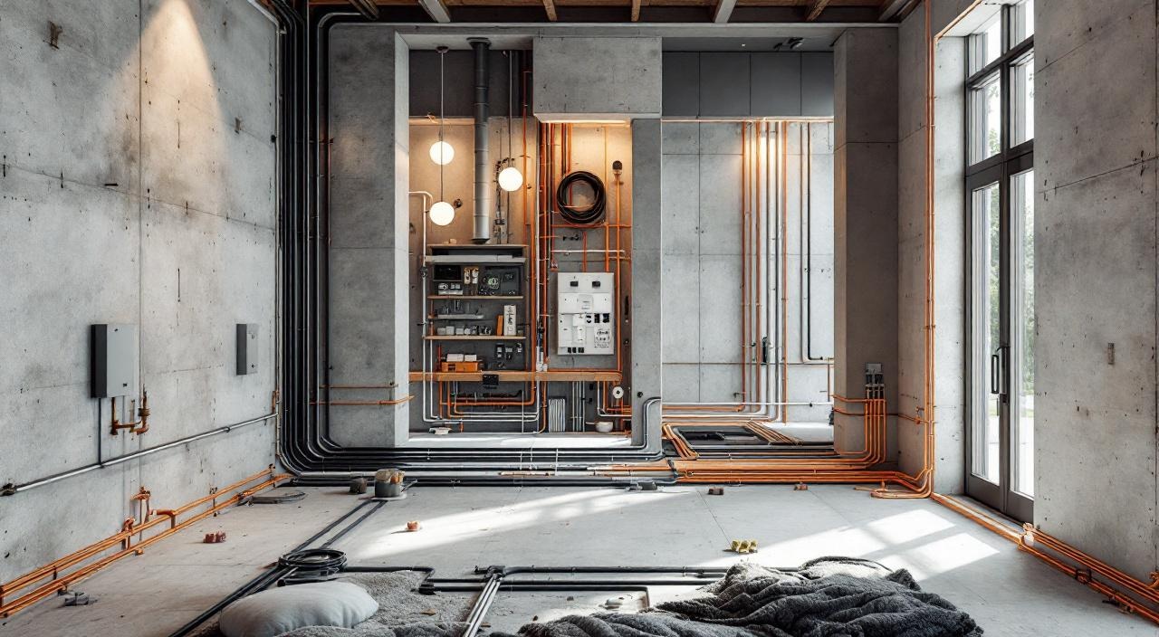 Planta de obra com eletrodutos e infraestrutura de automação residencial