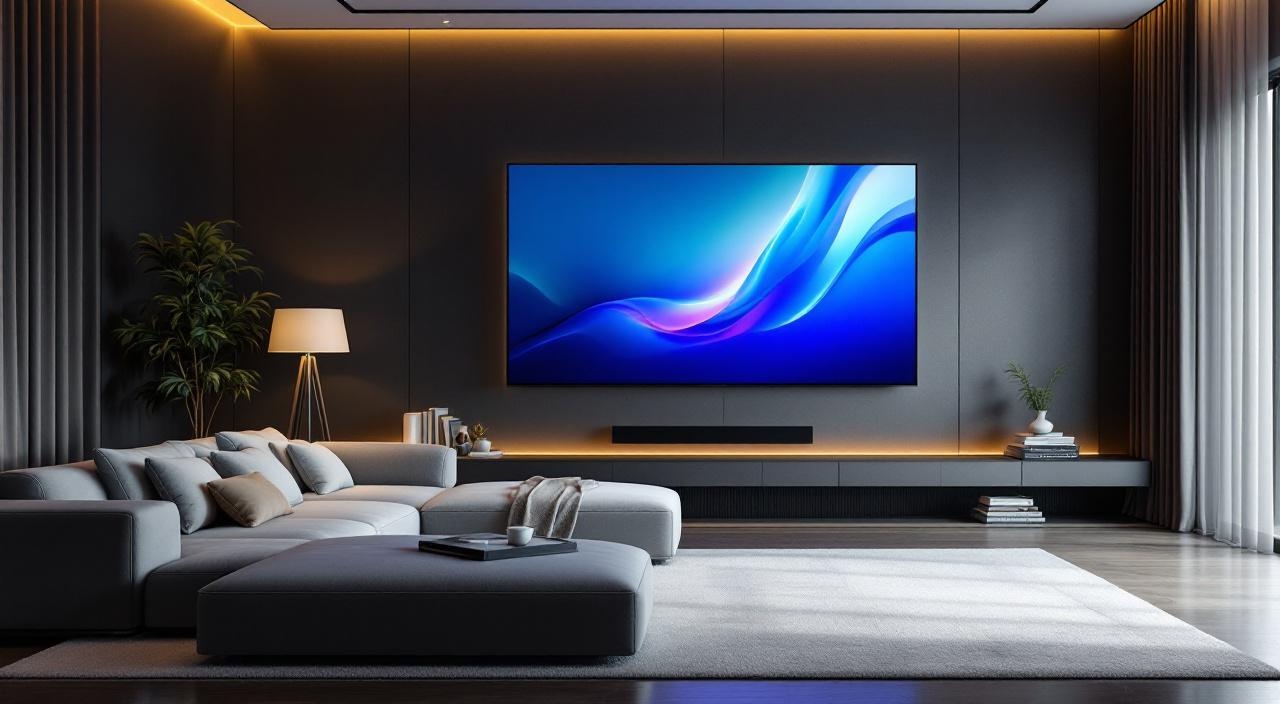 Sala de home theater com TV de grande porte e sofá posicionado na distância ideal