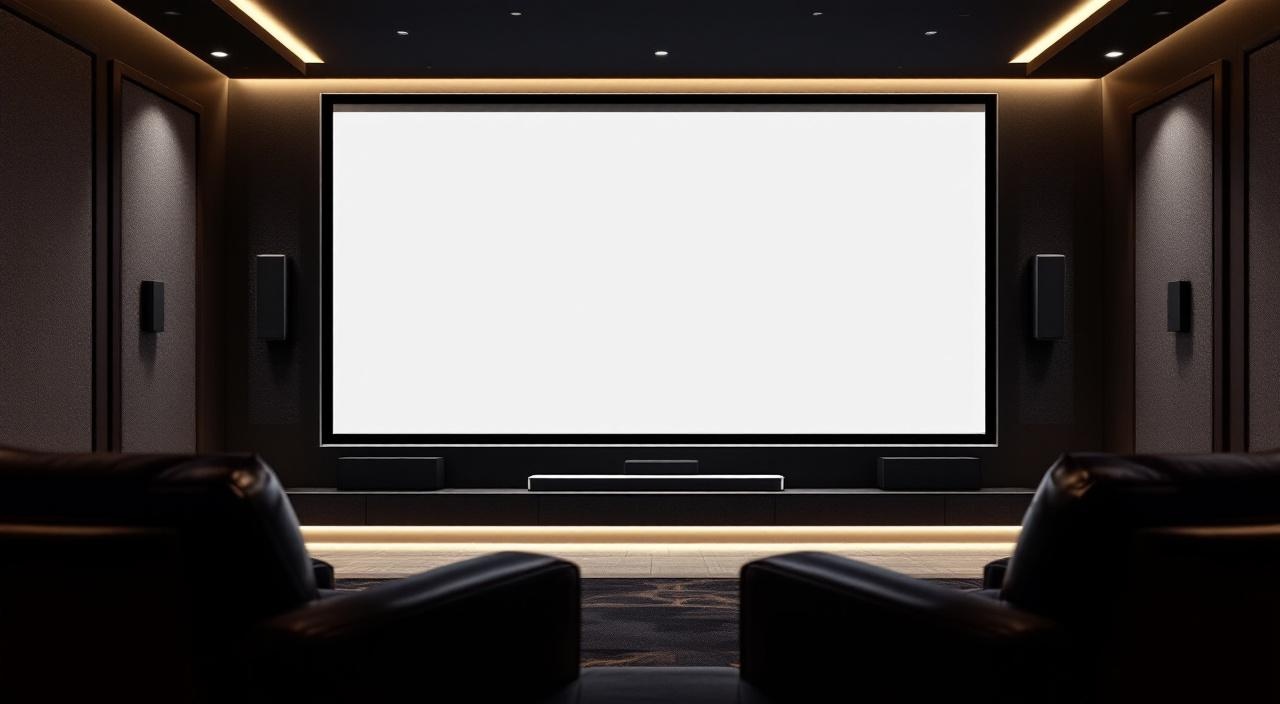 Sala de home theater dedicada com projetor 4K, tela de cinema e tratamento acústico