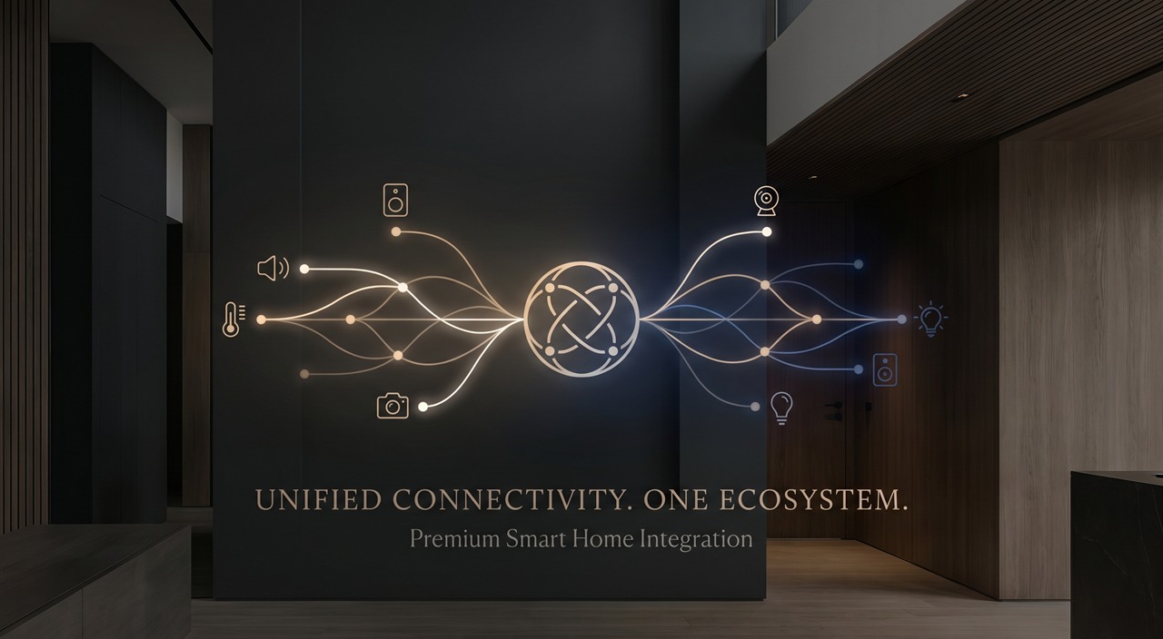 Diagrama conceitual de dispositivos de marcas diferentes interconectados pelo protocolo Matter em residência de alto padrão