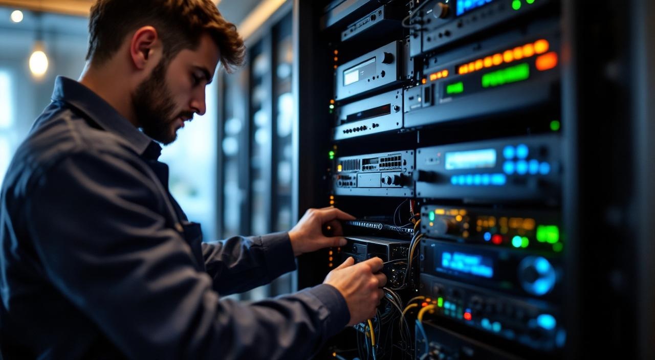 Integrador de automação revisando projeto técnico com planta baixa em mesa de trabalho