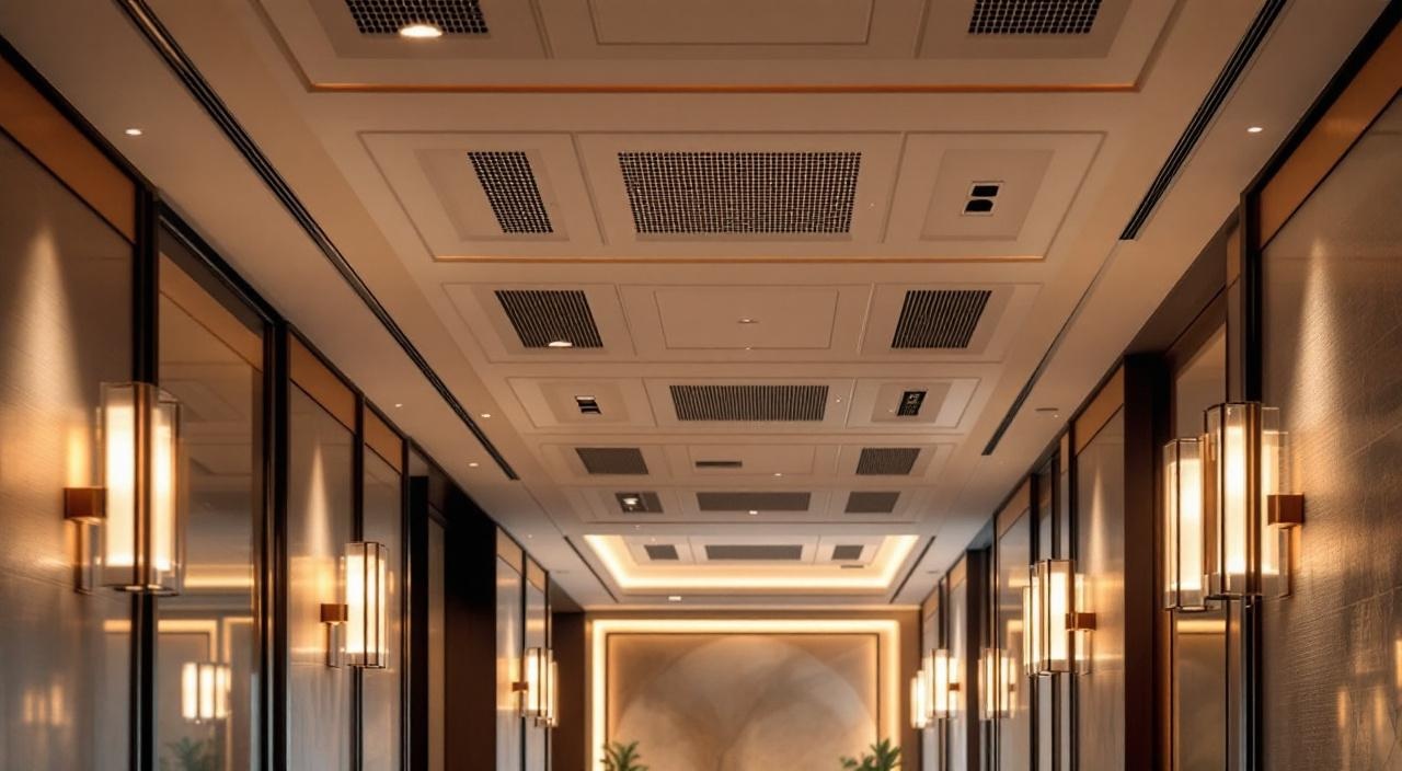Corredor de hotel com sistema de sonorização distribuída em 70V com alto-falantes de teto