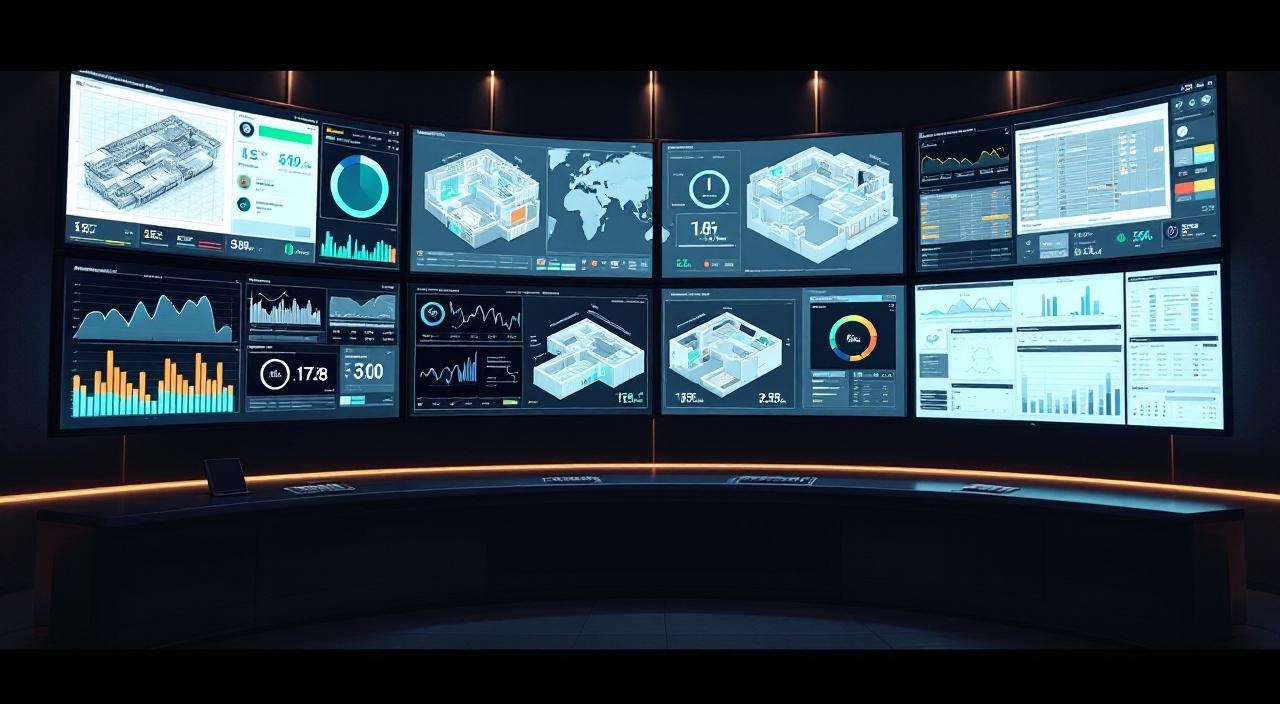 Central de monitoramento de automação predial com dashboards de energia, climatização e segurança de um edifício inteligente