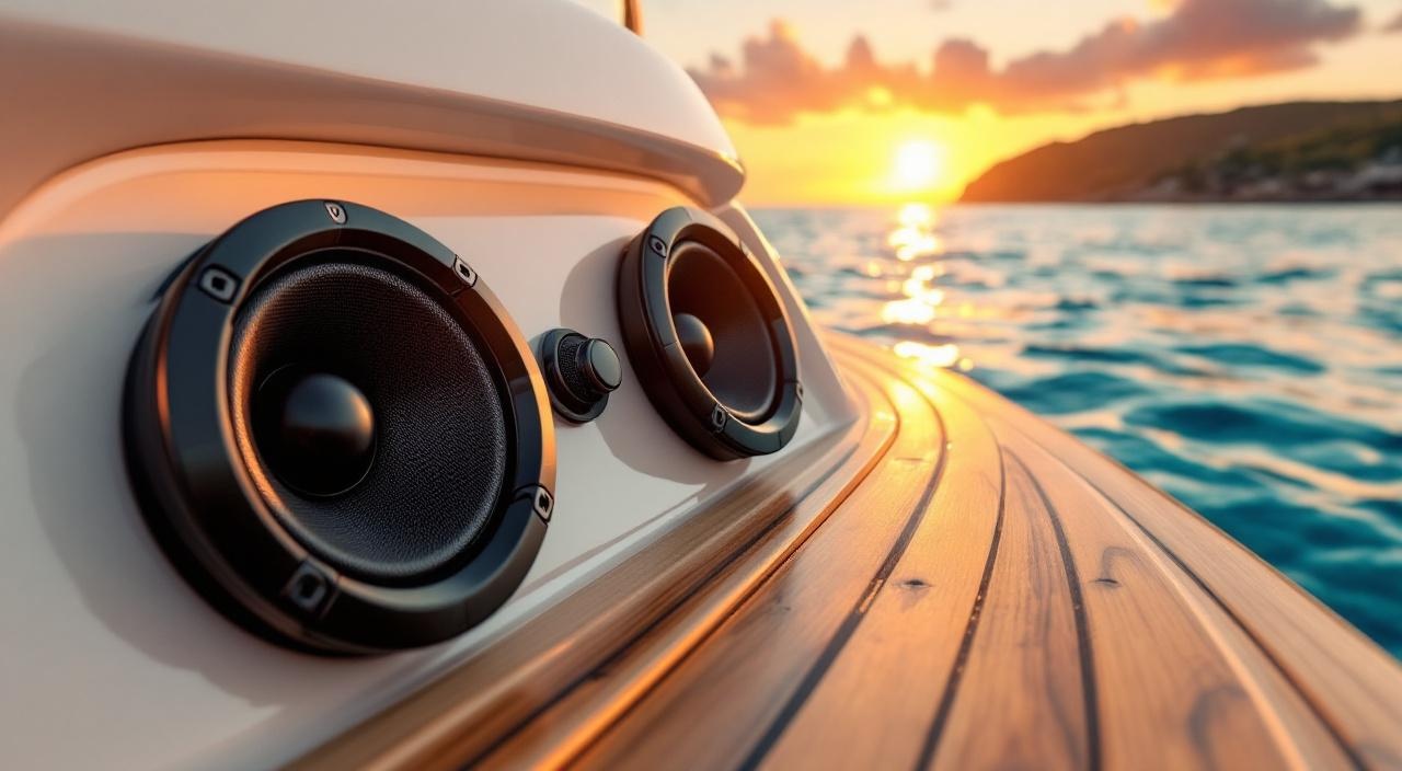Deck de iate de luxo com sistema de sonorização integrado e vista para o mar