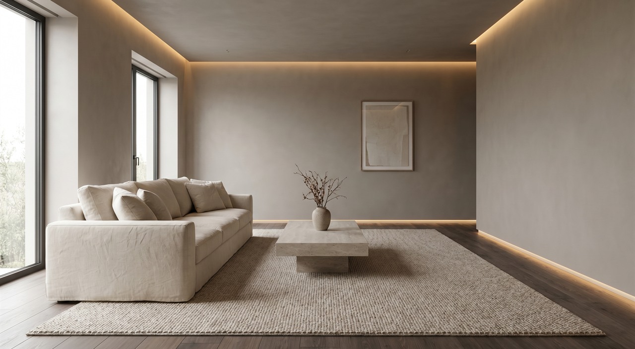 Sala de estar minimalista de alto padrão sem dispositivos aparentes, com áudio e iluminação totalmente integrados à arquitetura