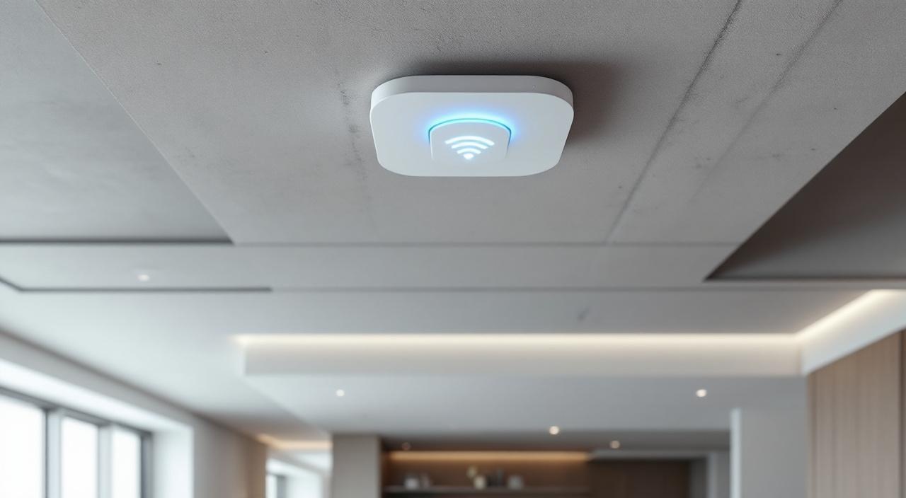 Access point WiFi 7 profissional instalado em teto de residência de alto padrão